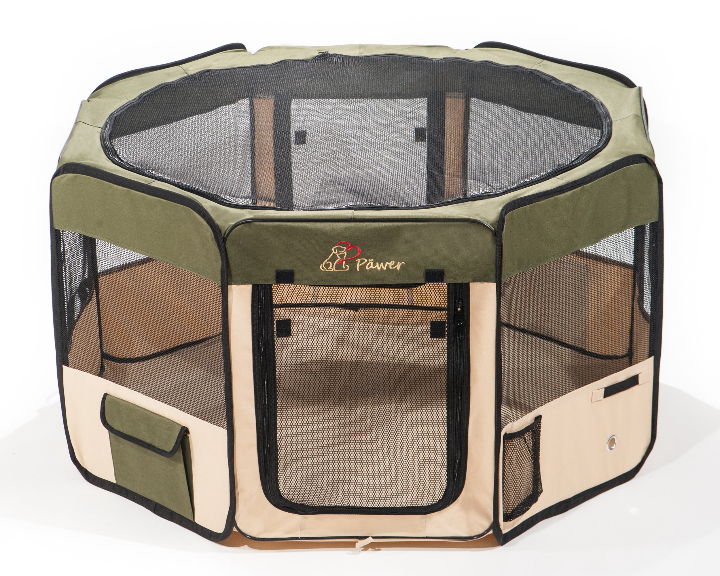 Pawer 36”×18.5” 8-Panel Foldable Pet Playpen, for Small Medium Cat/Dog/Puppy, Olive+Beige, 600D Oxford Cloth Portable Indoor & Outdoor Kennel with Carry Bag, Multiple Sizes & Colors Available