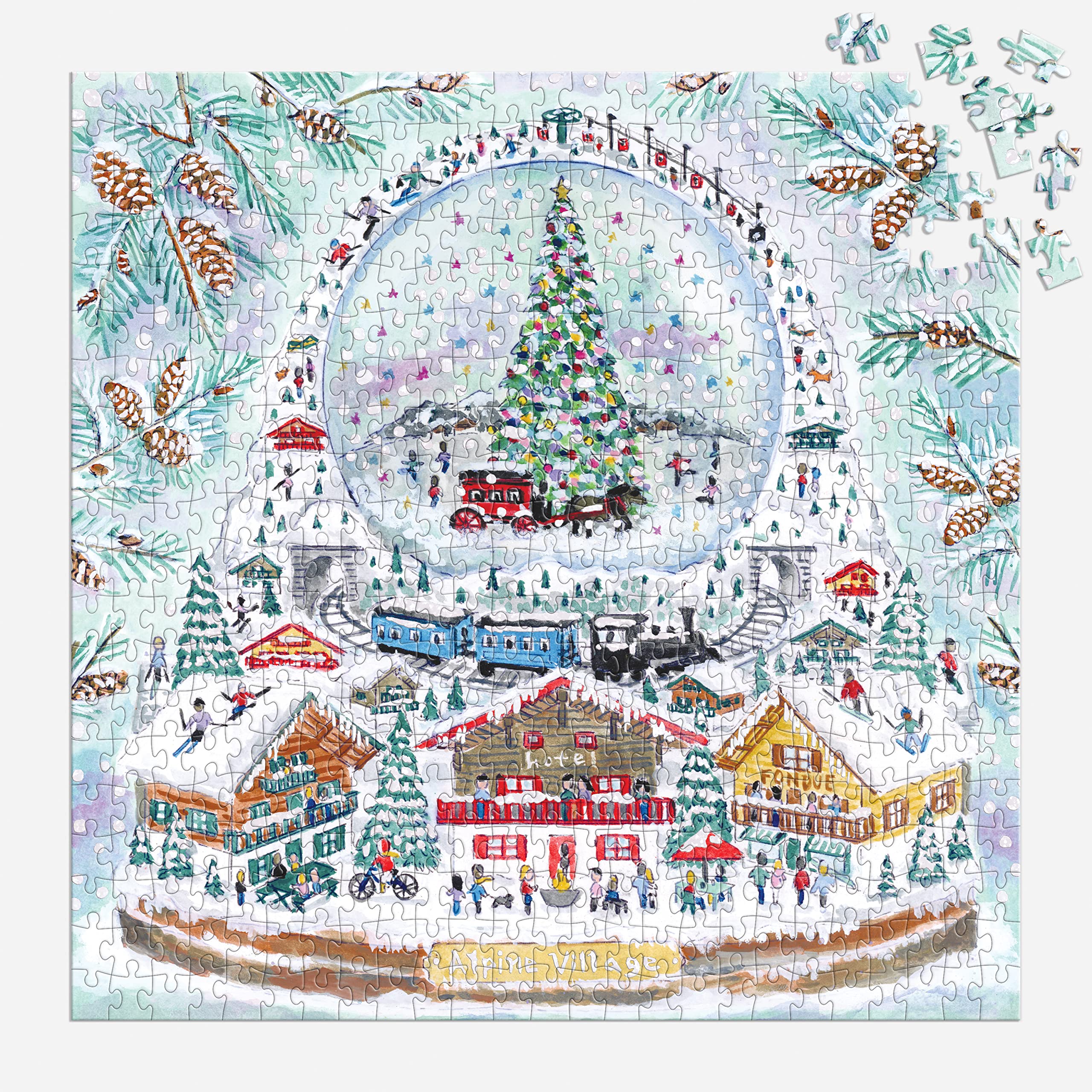 Galison Michael Storrings Alpine Village Snow Globe – 500 Piece Foil Puzzle of Christmas Snow Filled Mountains Artwork with Gold Foil Accents