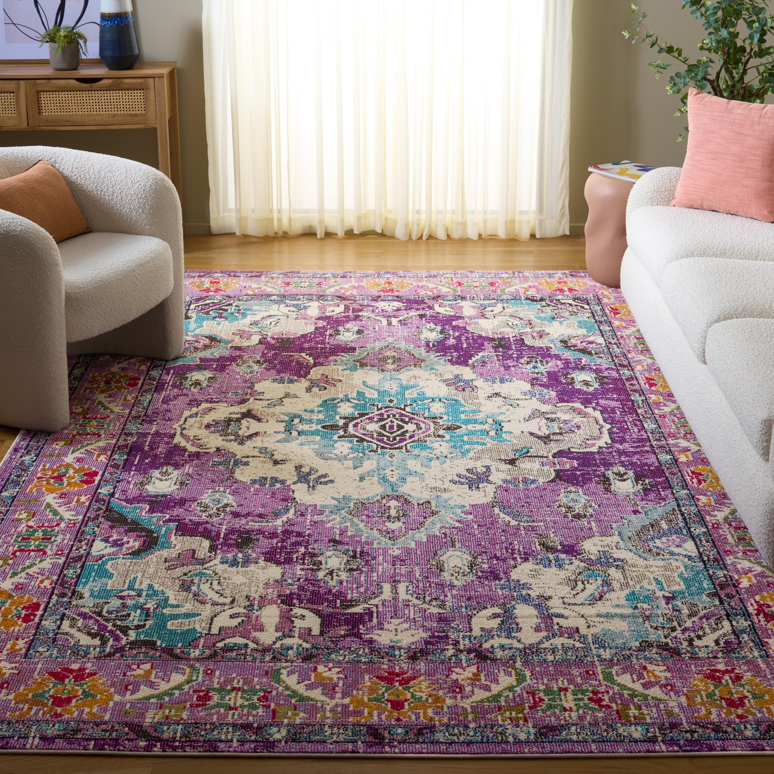SAFAVIEH Monaco Collection Area Rug - 8' x 11', Violet & Light Blue, Non-Shedding & Easy to Clean, Distressed Medallion Design, Ideal for Living Room, Bedroom, Dining Space (MNC243L) Image