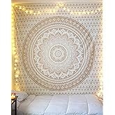 raajsee Mandala Tapestry - Boho Wall Art - 30x40 Inches - White Gold - Bedroom Decor