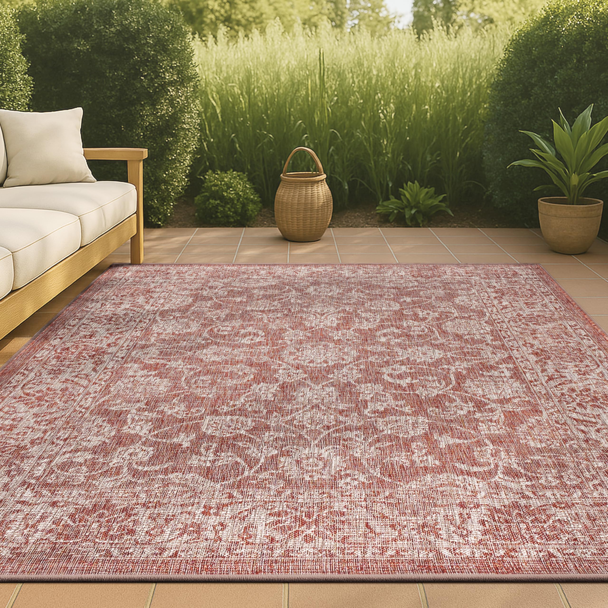Photo 1 of JONATHAN Y Weave Floral Indoor Outdoor Area Rug 5X8 Red/Taupe, Tela Bohemian Textured for Backyard, Patio, Porch, Easy-Cleaning, High Traffic, Pet-Friendly, Non-Shedding (SMB100A-5)
