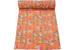 Marubhumi Indian Handmade Vintage Kantha Paradise Quilt, Reversible Kantha Quilt (Orange, Queen (90"x 108"))