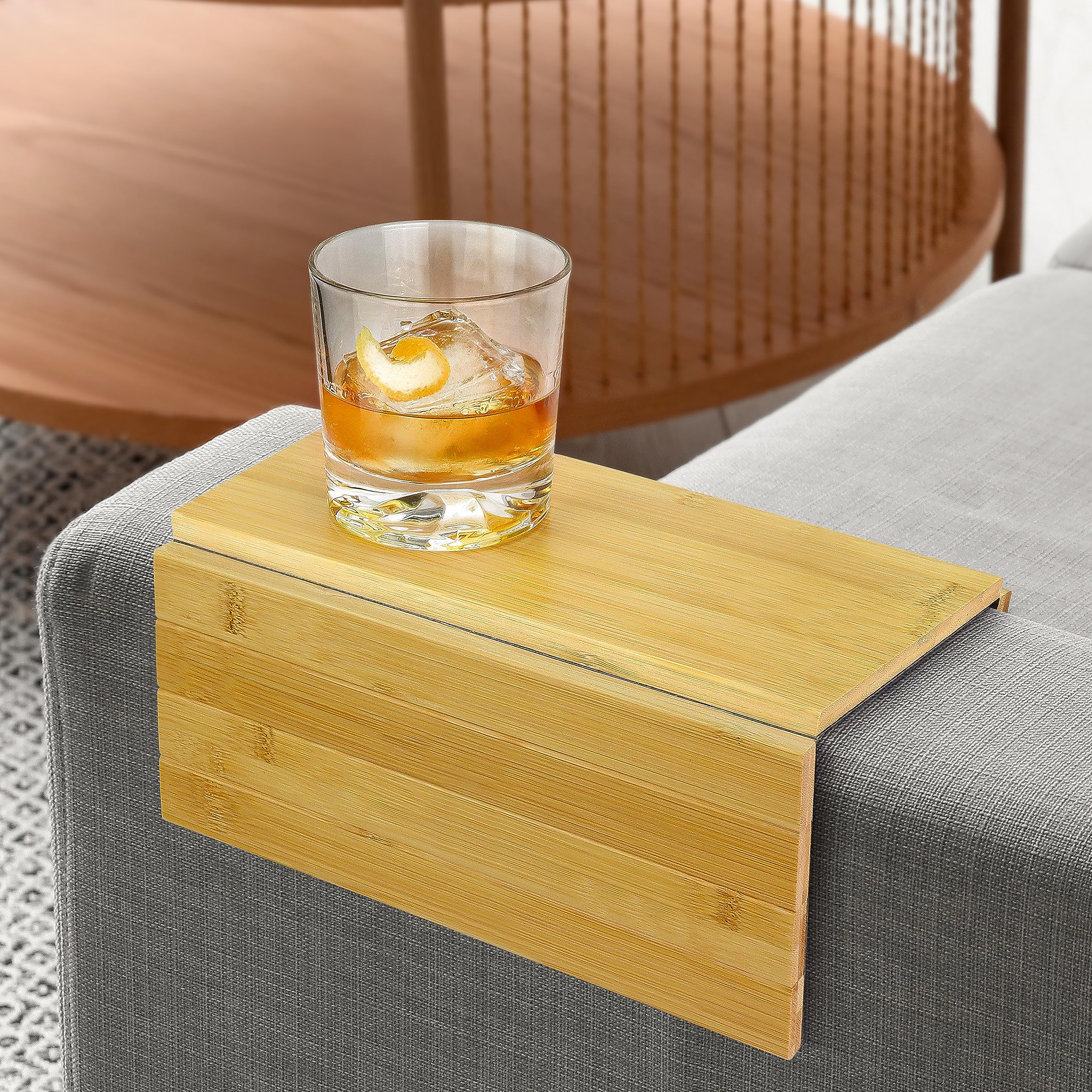 Bamboo Sofa Arm Tray Foldable Wooden Armrest Couch Organiser for Drinks, Bowl, Snack, Magazine, Remote - Couch Protector Laptop and Tablet Holder 36cm x 25cm x 1cm