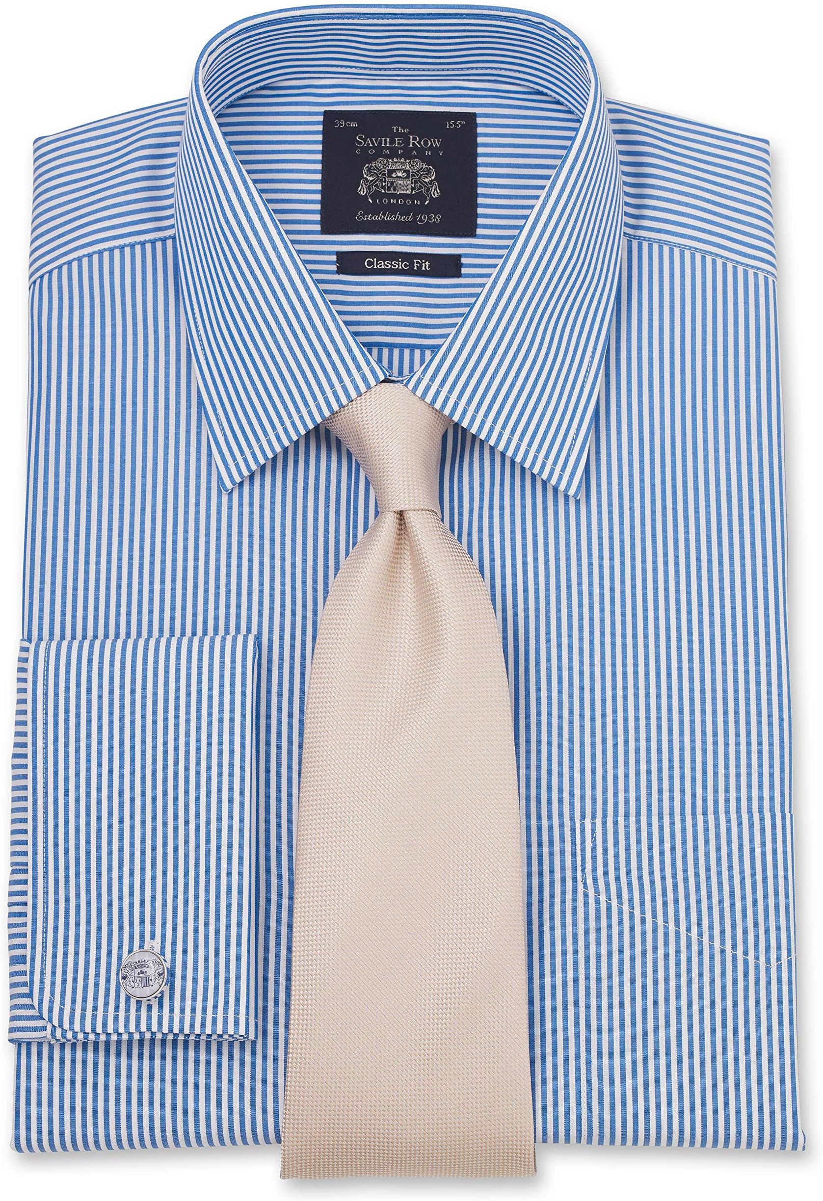 Savile Row Men's Blue Bengal Stripe Classic Fit Shirt - Double Cuff 18" Standard Double