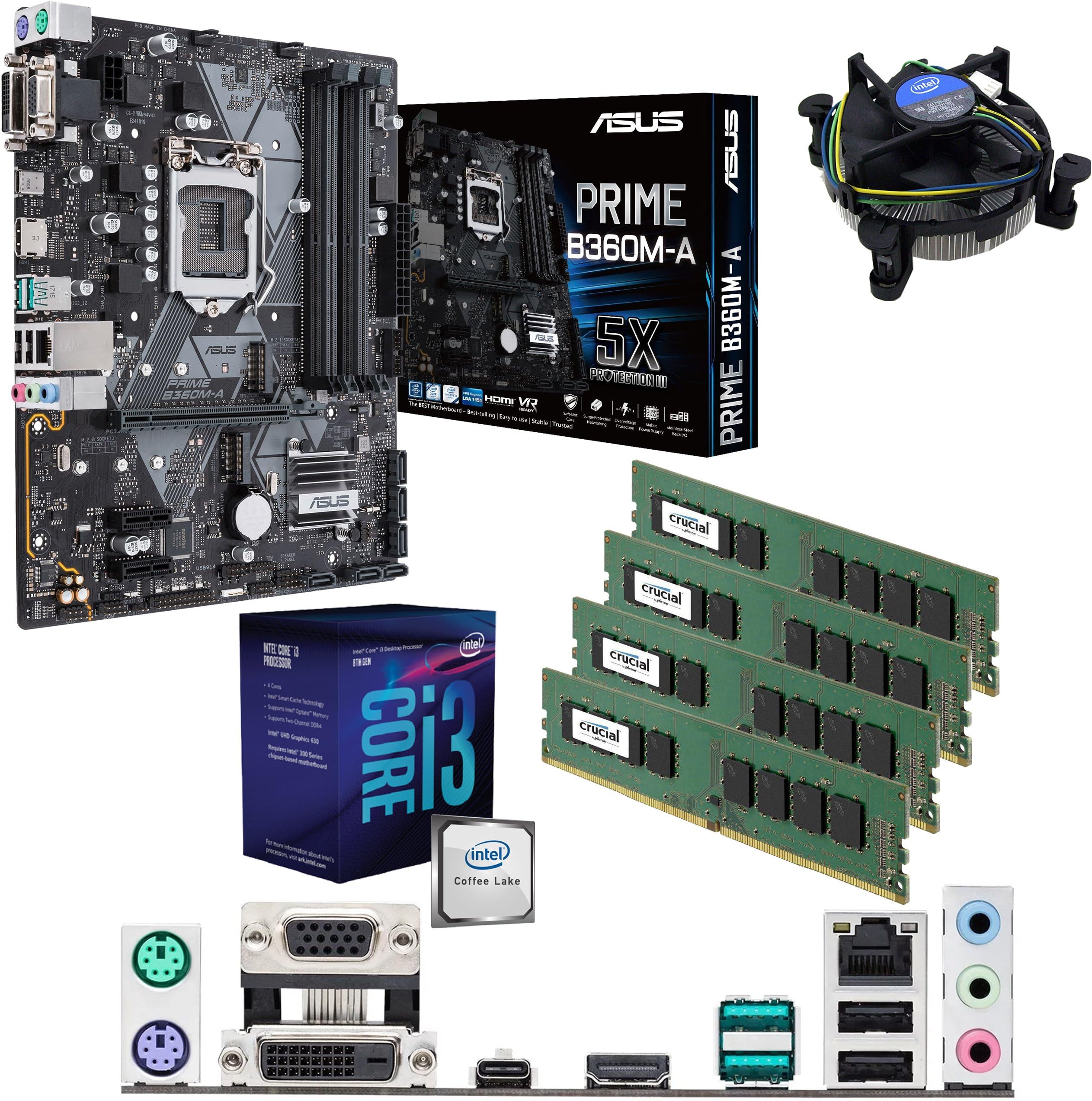 Components4All Intel Coffee Lake Core i3 8100 3.6GHz CPU, ASUS Prime B360M-A Motherboard & 16GB 2133MHz Crucial DDR4 RAM Pre-Built Bundle