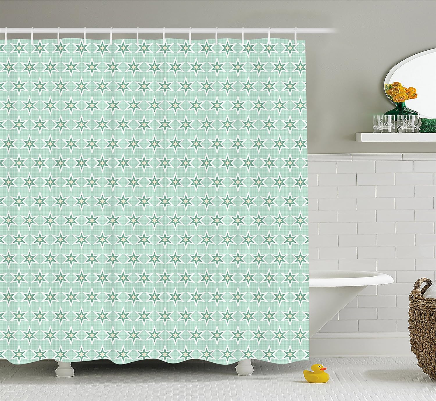 Ambesonne Green Shower Curtain, Stylized Stars Vintage Pattern Retro