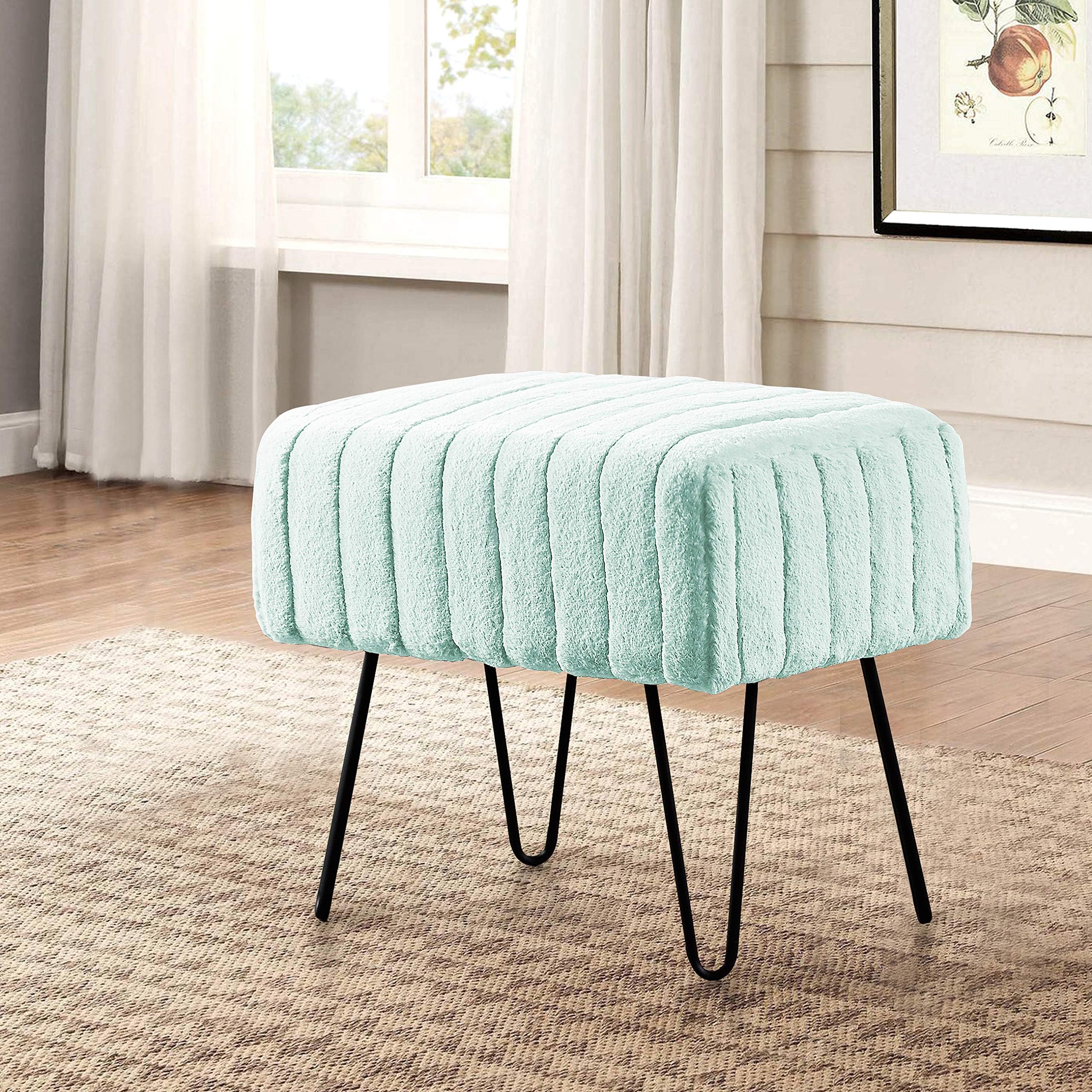 Home Soft Things Super Mink Faux Fur Blue Ottoman Bench 19" x 13" x 17" H, Bleached Aqua, Living Room Foot Rest Stool Entryway Makeup Bench End of Bed Bedroom Home Decor Chair