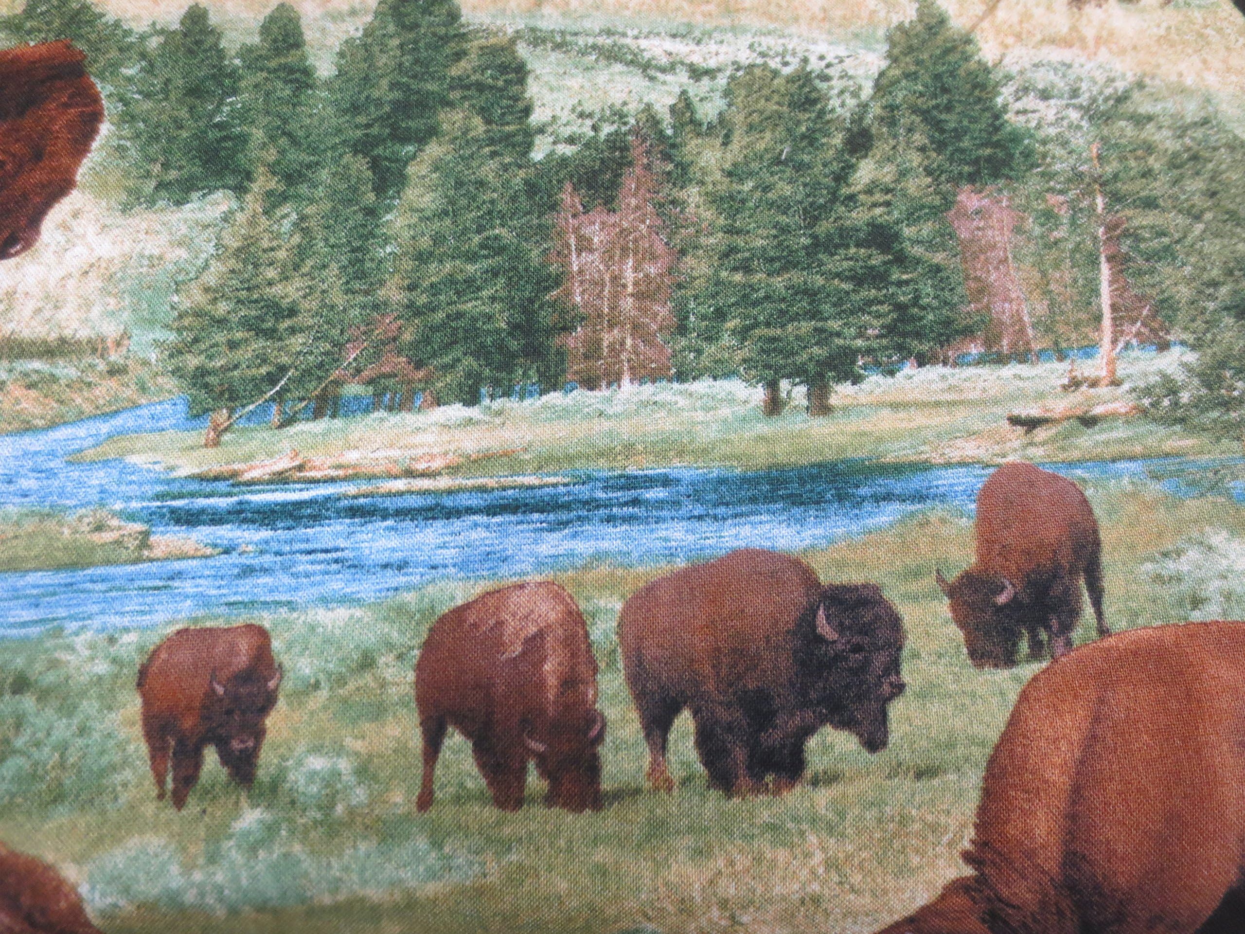 Spirit of The Buffalo North American Wildlife Cotton Fabric, Elizabeth's Studio 283-Green