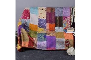 BOHO SANSKRITI Indian Silk Patchwork Kantha Quilts Queen Twin Size Patola Bedspread Throws Bedding Comforter Hand Quilted Blankets Premium Bohemian Bed Cover for Sale- Mix Multi Color Shades