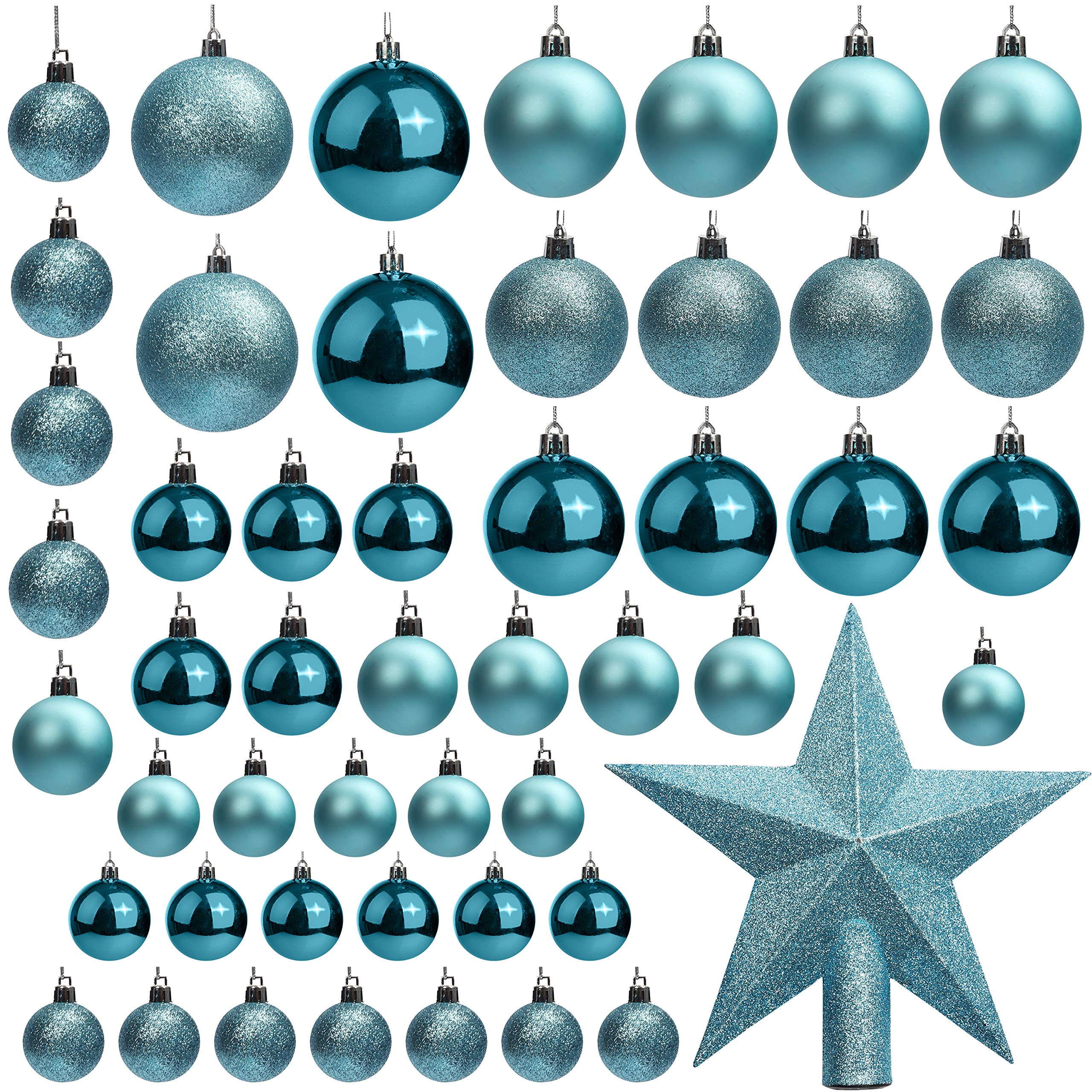 Belle Vous 50 Pack Christmas Baubles - Assorted Size Glittery Blue Baubles with Star Tree Top - Xmas Tree Ball Hanging Ornaments for Christmas Decorations Holiday Party Indoor & Outdoor Decorations
