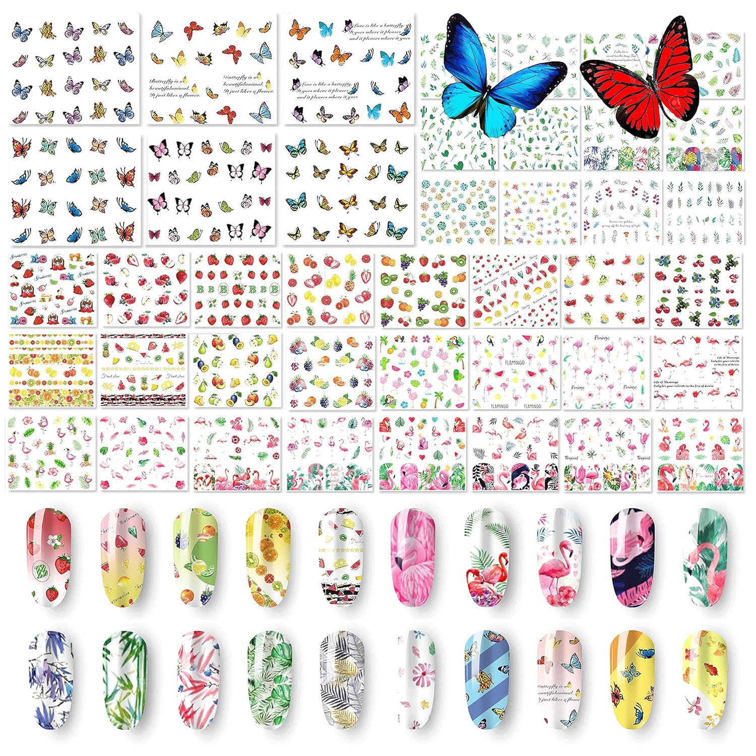 48 Sheets Summer Nail Art Stickers - Water Transfer Butterflies Flamingo Fruits Flowers Leaves StencilDecals for Women Kids Manicure DIY or Salon (1500+Pcs)