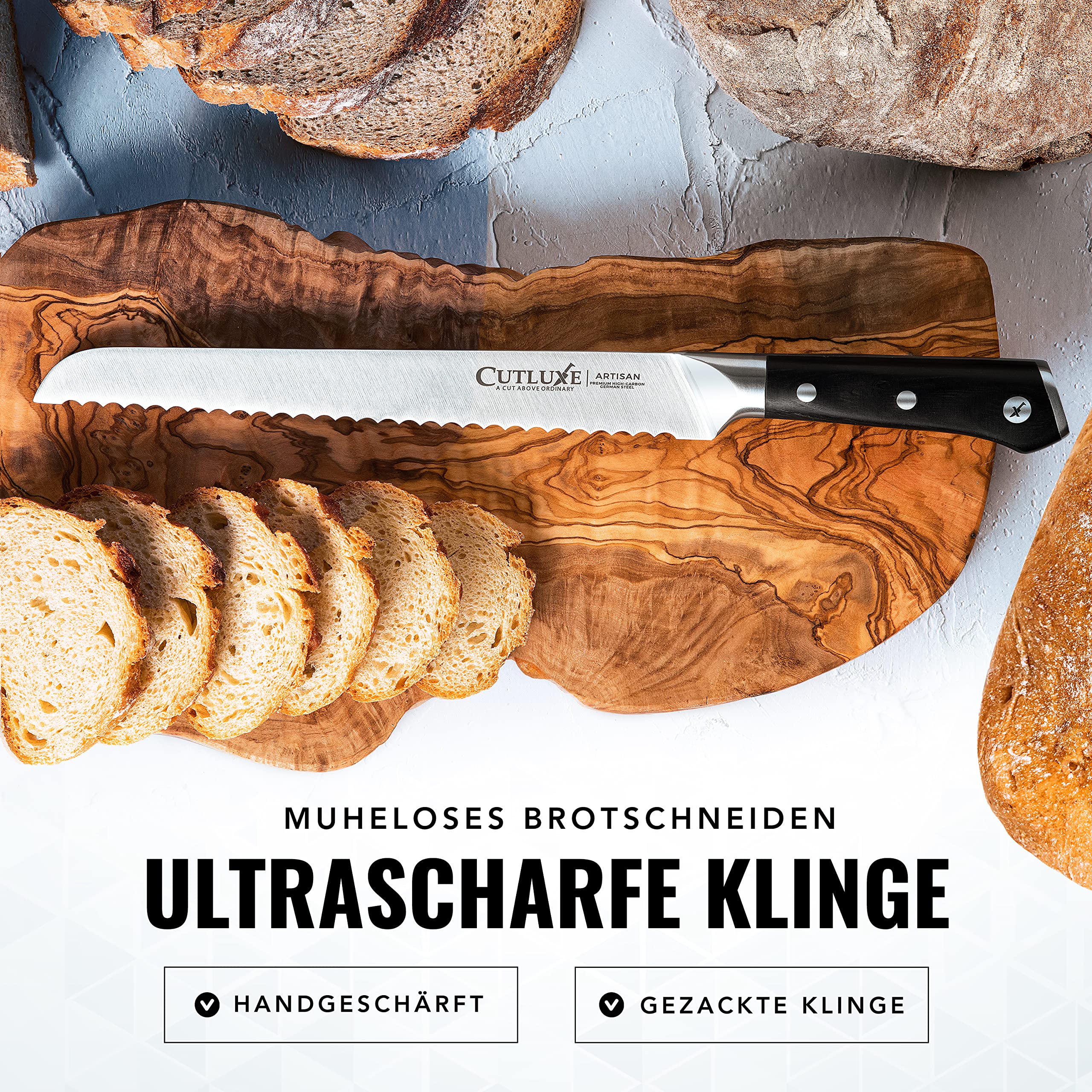 Cutluxe Brotmesser 25cm mit Wellenschliff – Brotschneidemesser Brötchenmesser Küchenmesser Kochmesser – Ergonomisches Design & Extrem Scharf 3