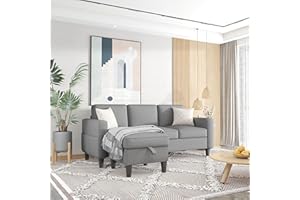 ZeeFu Convertible Sectional Sofa Couch,Light Grey Linen Fabric Modern Upholstered 3-Seat L-Shaped Sofa Furniture Set with Reversible Storage Ottoman and Pockets for Living Room Small Space Apartment