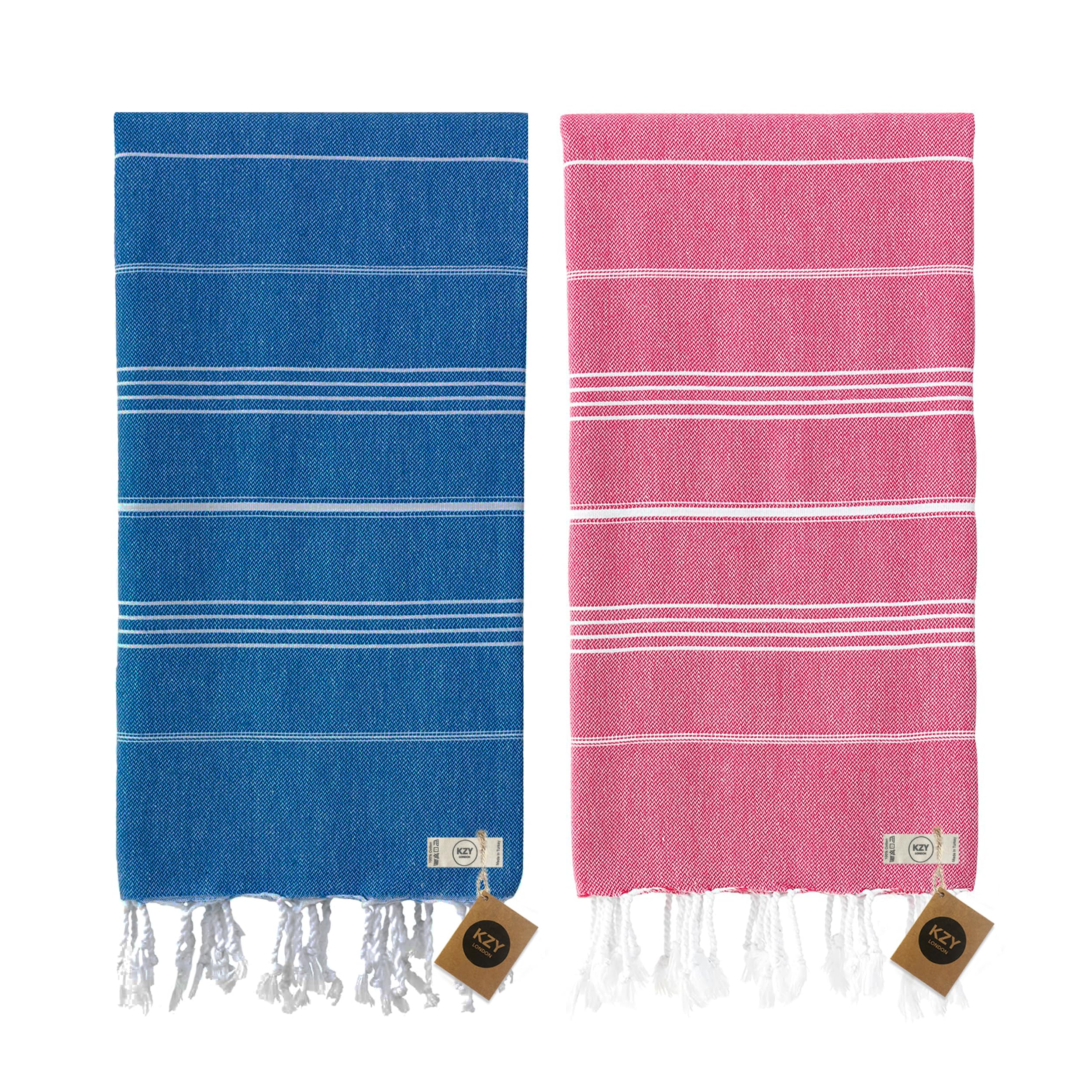 KZY LONDON Beach Towel 2 Pack Large Turkish Beach Towels for Camping, Swimming, Gym - Quick Dry, Absorbent, Lightweight,%100 Cotton 90x180cm Hammam Towels for Adults (2 Set, Blue & Fuchsia)