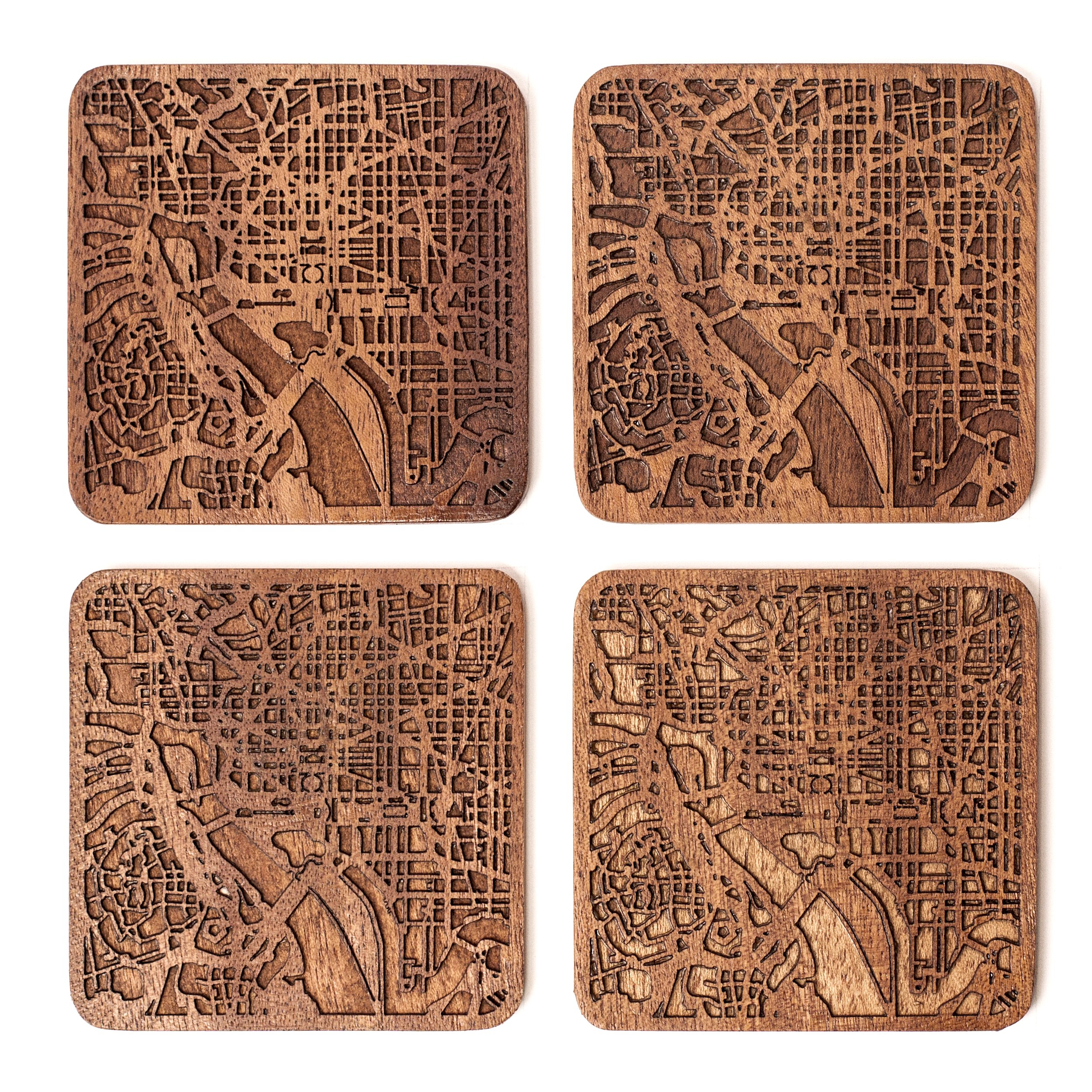 Washington D.C. Map Coaster, Set of 4, Sapele Wooden Coaster with City Map, Handmade