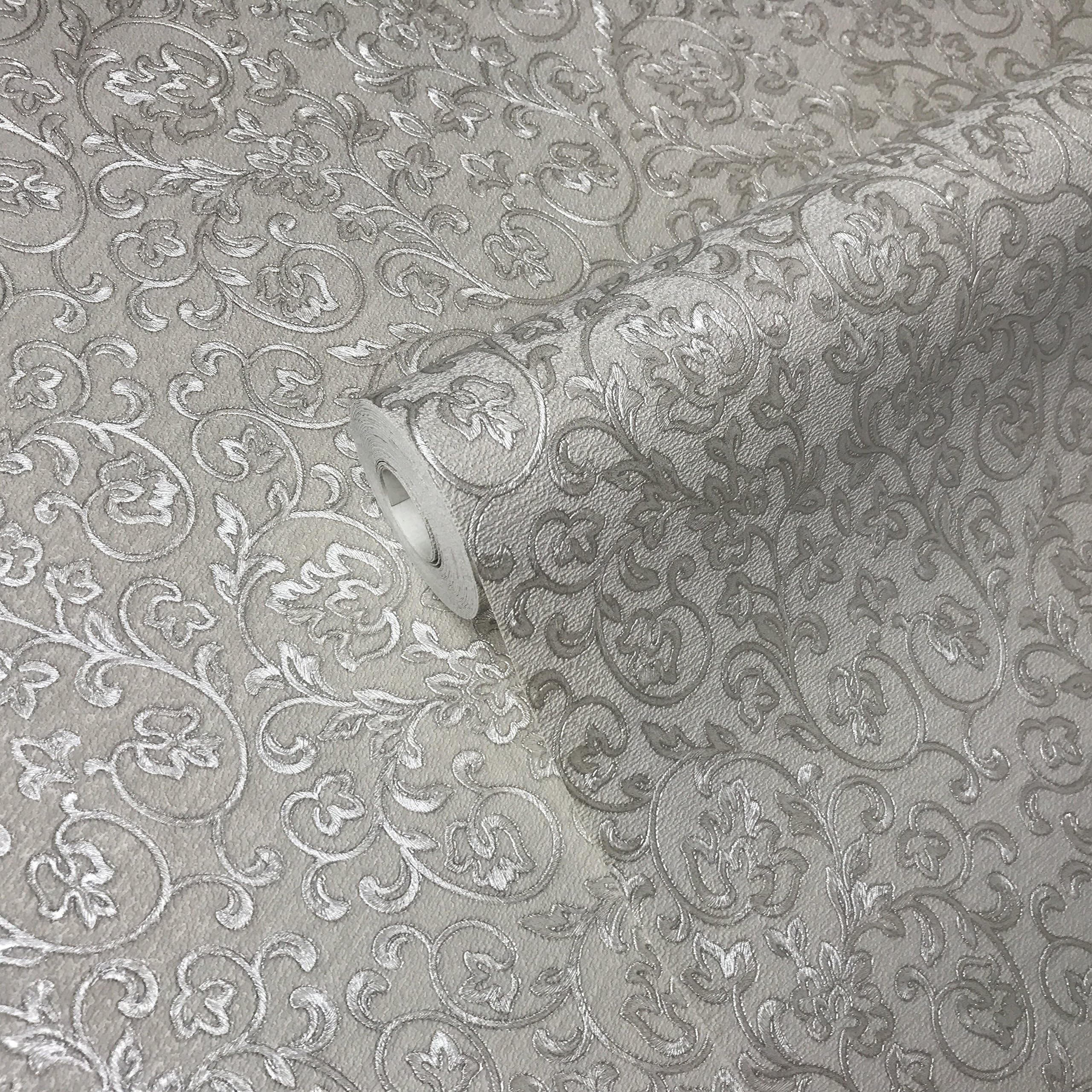 Paste The Wall only 113.52 sq.ft Rolls Modern Embossed European Slavyanski wallcoverings Washable Victorian Vintage Damask Pattern Vinyl Non-Woven Wallpaper White Metallic Silver Glitters Textured 3D