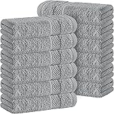 White Classic Light Grey Luxury Cotton Washcloths 12 Pc Set - Large 13x13 Inches Hotel Style Face Towel, High Absorbent Quick Dry Wash Cloths for Home, Spa, Gym, Light Grey, 12 Pack