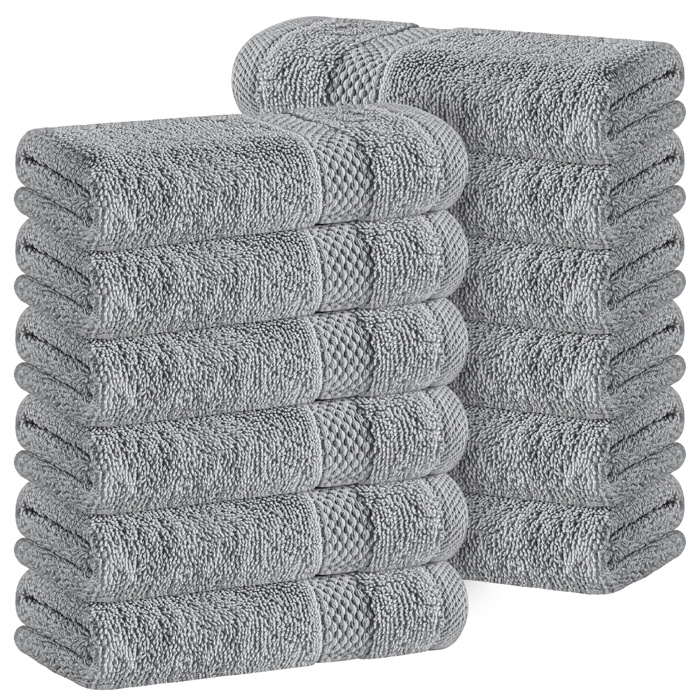 White Classic Luxury Cotton 12 Pc Flannel Set, Hotel Style Small Bath Towel and Face Cloth 33x33 cm, Light Grey Soft Plush Flannels Pack of 12, Thick High Absorbent Wash Clothes, Face Towels