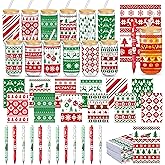 Skylety 12 Set Christmas Gifts Bulk 16 oz Red and Green Glass Cups with Lids Straws Xmas Notebook Sticky Note Pens for Employee Appreciation Women Students School Office Holiday Party Favors