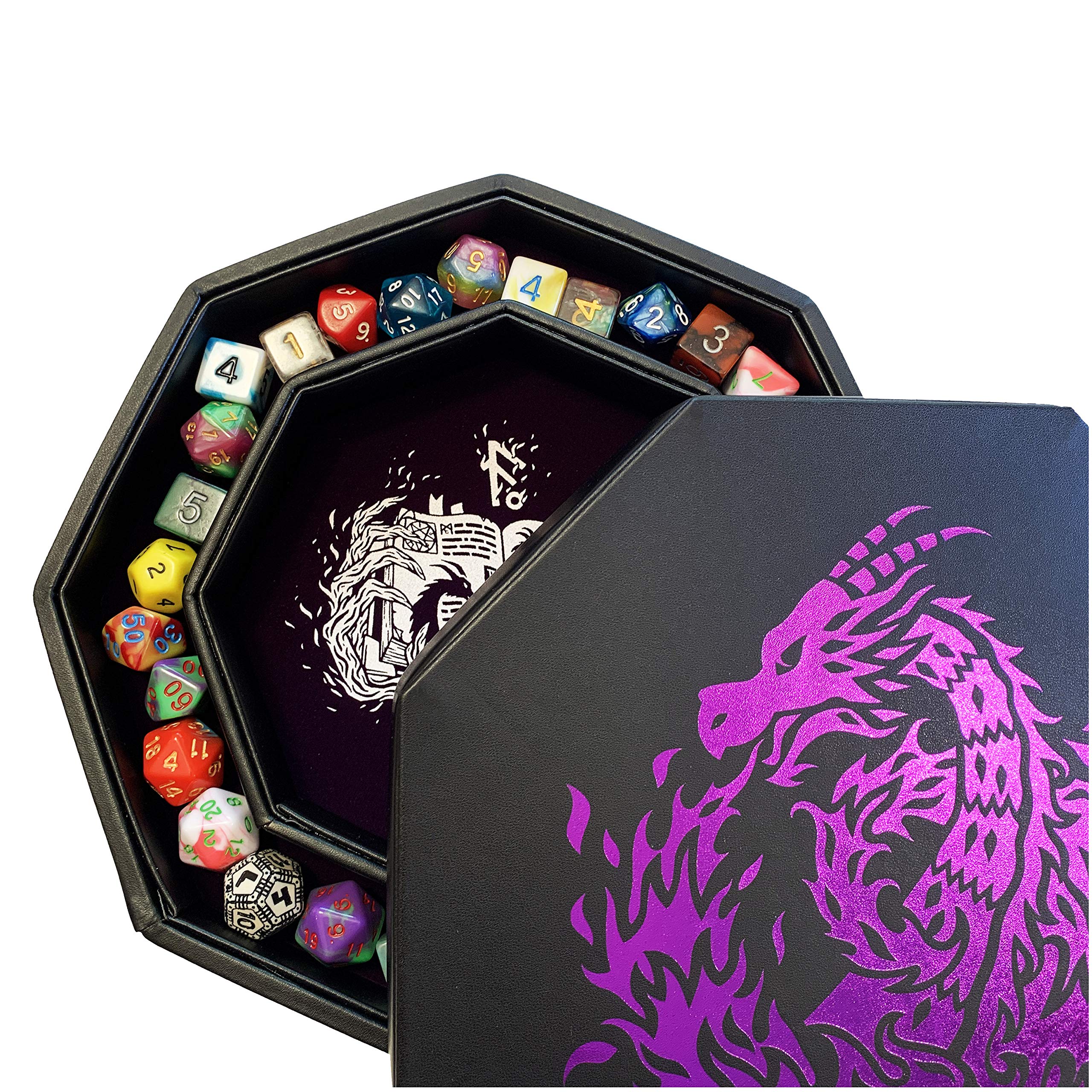 Fantasydice- Fire Dragon - Dice Tray - 20CM Octagon with Lid and Dice Staging Area- Holds 5 Sets of Dice(7 / Standard) For All Tabletop RPGs Like D&D, Call of Cthulhu, Shadowrun. (Purple)