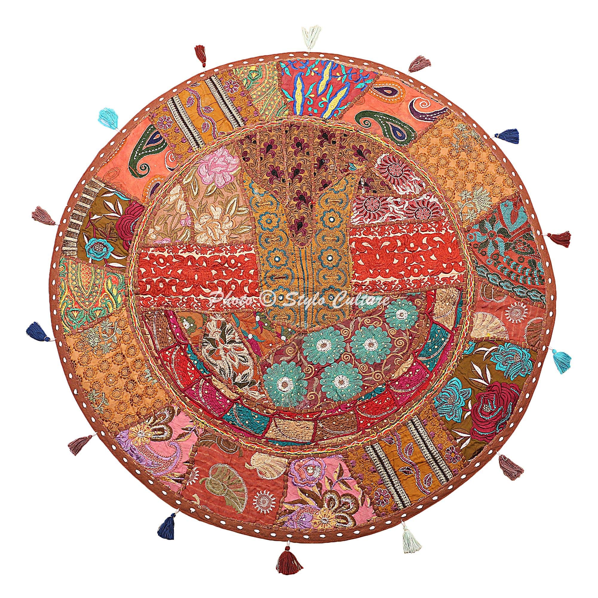 Stylo Culture Decorative Round Floor Cushion Yoga Throw Pillow Cover Brown 70x70 cm Vintage Patchwork Living Room Boho Big Pillows 28 inch Reading Nook Cotton Embroidered Seating Pouffe Cover