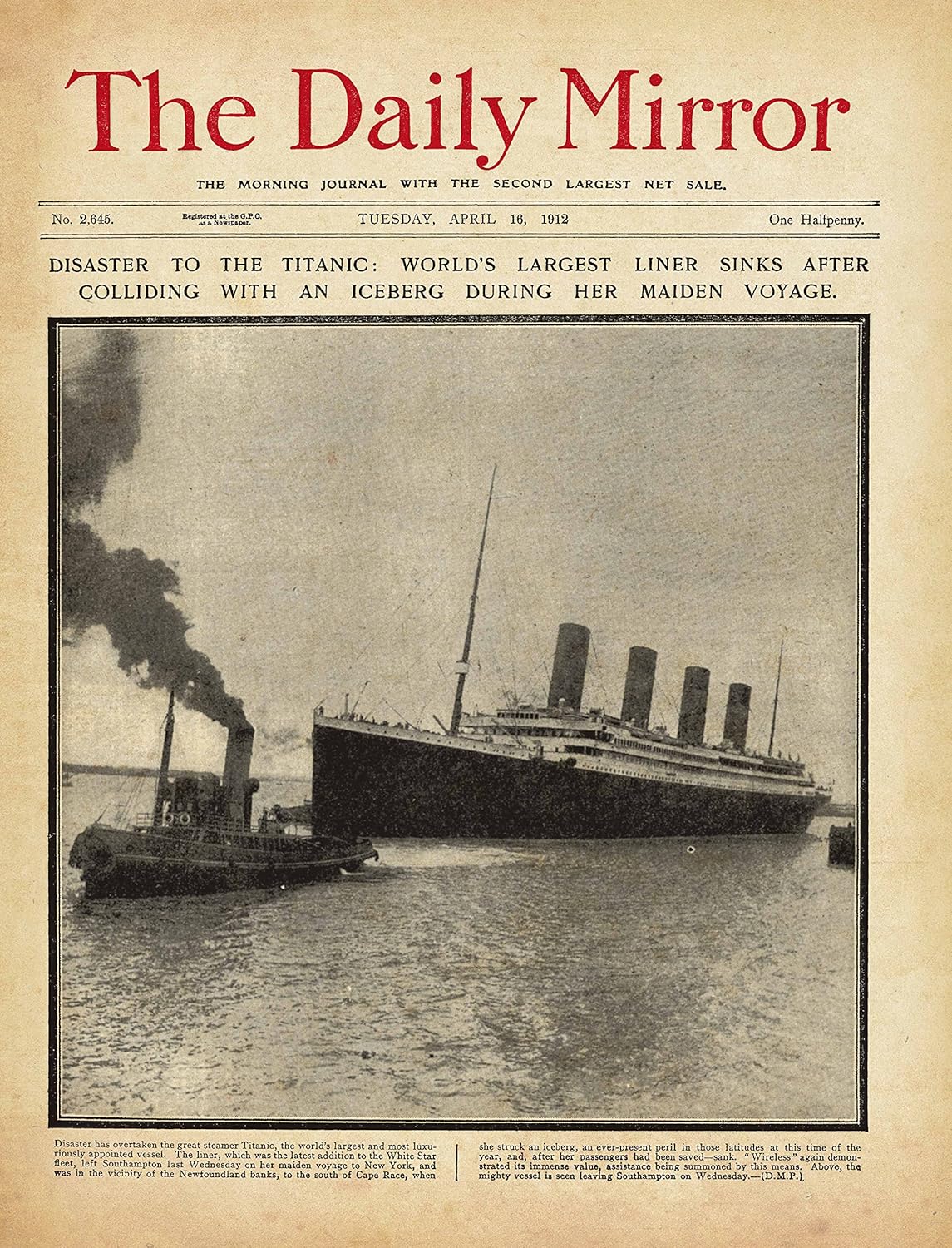 Titanic Replica Newspaper: Daily Mirror 1912 - Image 3