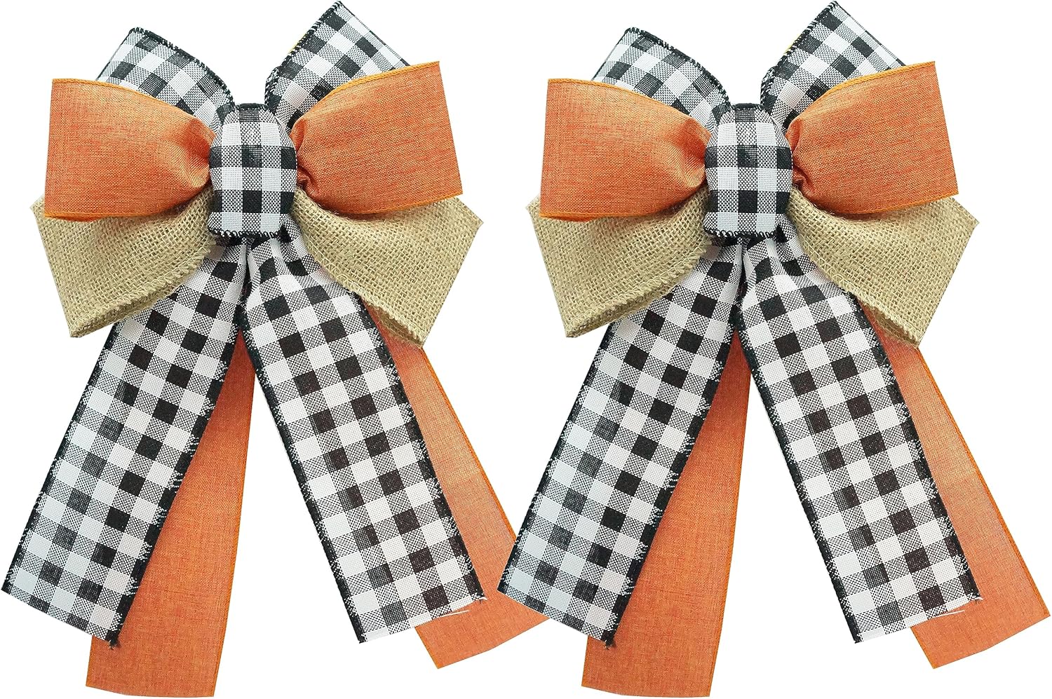 Bows & Ribbons - Fall Wreath Bow, Thanksgiving Bows for Wreath, Autumn Decorative Bow, Orange, Jute, Black and White Buffalo Plaid Harvest Bow, 2PCS (Fall Bow-1)
