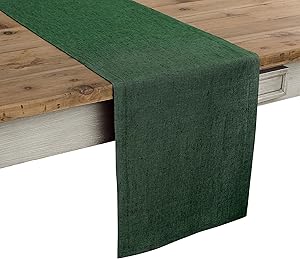 Solino Home 100% Pure Linen Table Runner – 14 x 60 Inch Athena, Handcrafted from European Flax, Natural Fabric Runner – Forest Green