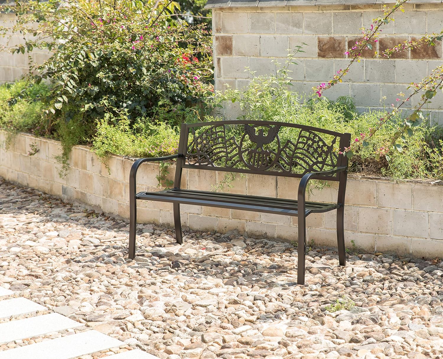 Gardenised Steel Outdoor Patio Garden Park Bench with Cast Iron American Flag Backrest, Black: Furniture & Decor