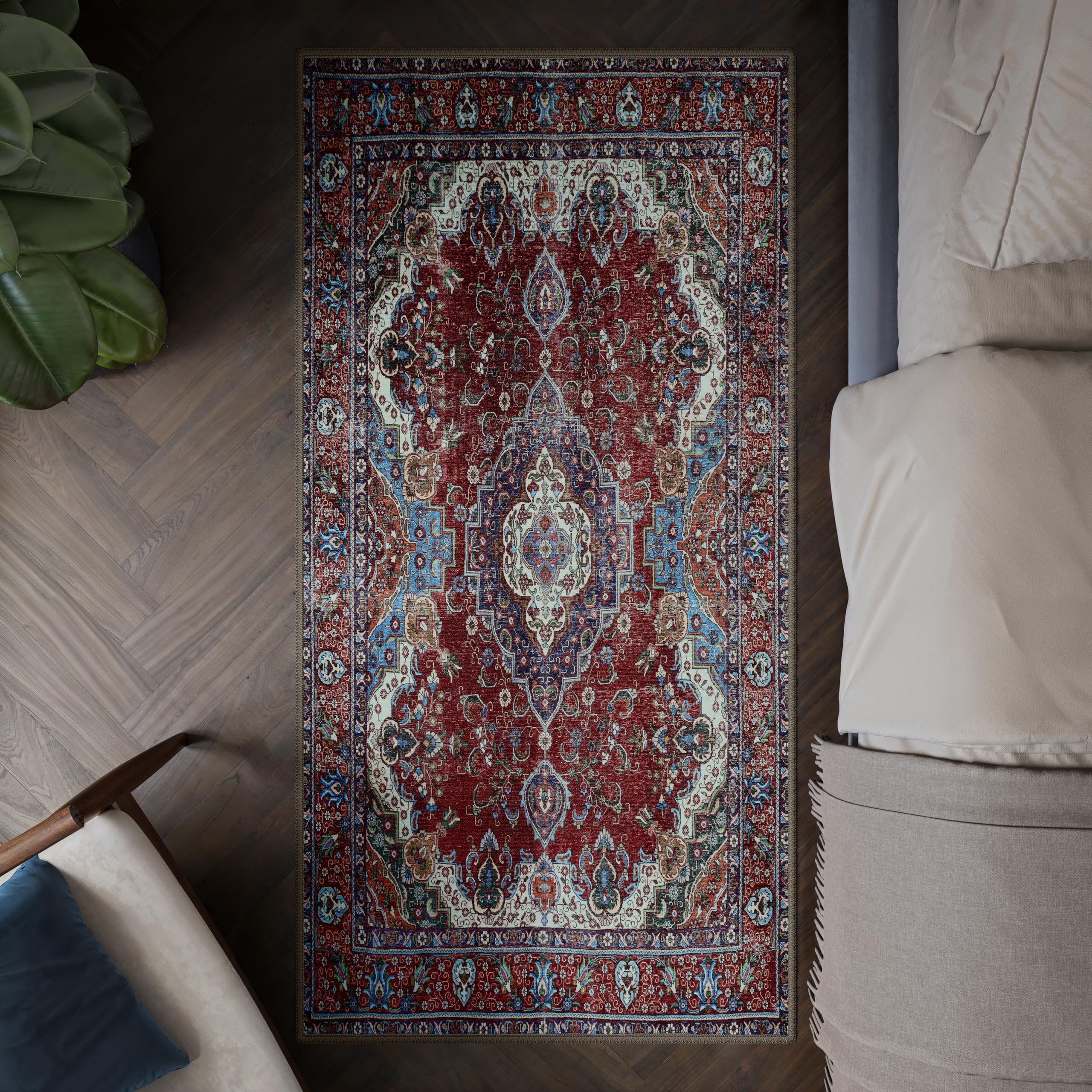 artyrugs Machine Washable Rug, 80x150cm, 75% Recycled Cotton, Short Pile, Non-Slip Backing, Non-Shedding, Suitable for Living Room, Bedroom, Kitchen, Hallway, Office, Burgundy Red & Blue