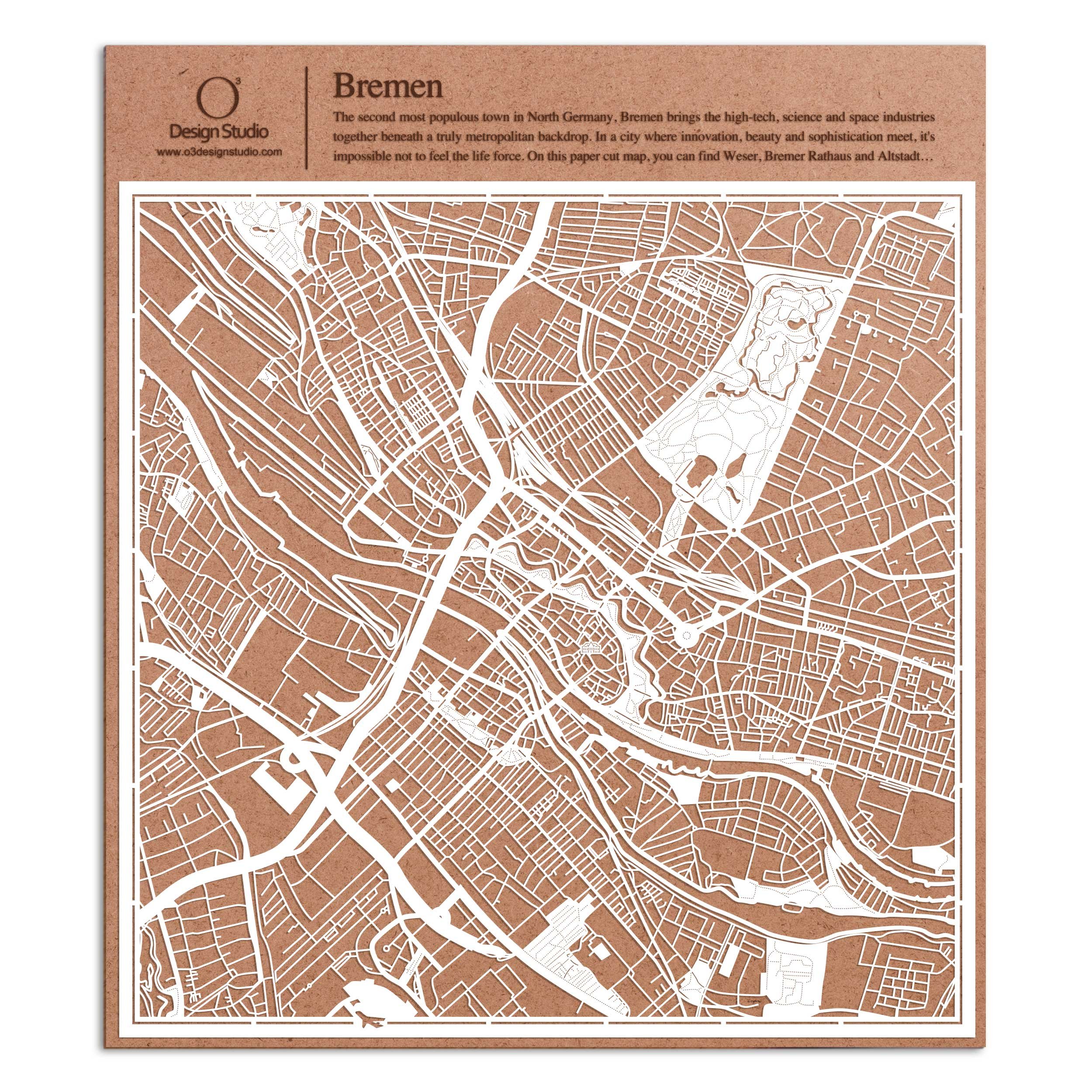 Bremen Paper Cut Map White 30x30 cm Paper Art