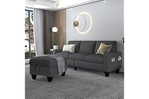 ZEEFU Dark Grey Convertible Sectional Sofa Couch,3 Seat L Shaped Sofa Couch with Storage Reversible Ottoman and Pockets, Modern Linen Upholstered Sofa Furniture Sets for Living Room Bedroom Small Space