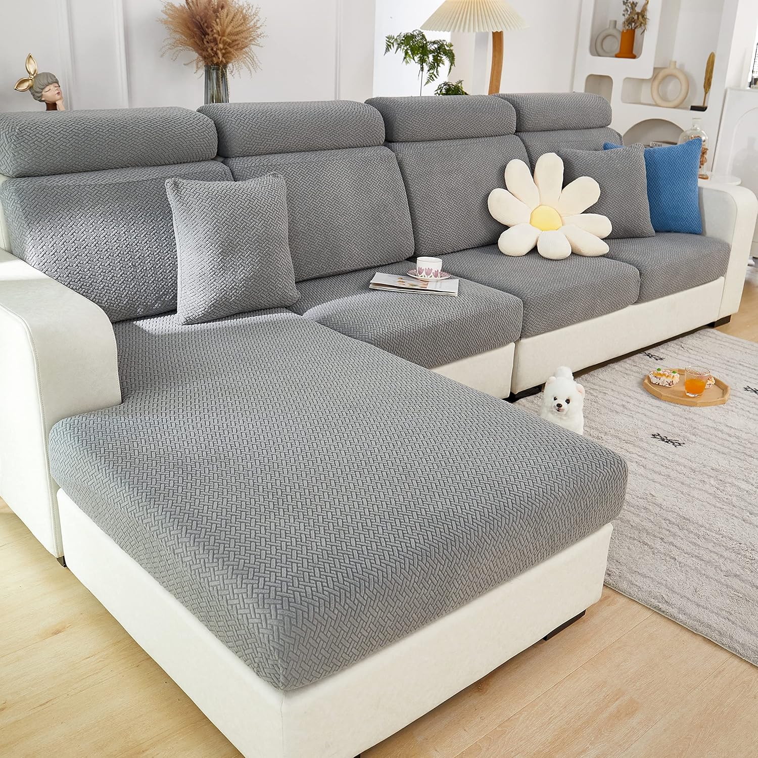Slipcovers - Couch Cushion Covers Sectional Sofa L Shape Slipcover Elastic Couch with Chaise Lounge Cover Furniture Protector for Living Room (Length 61-73inch Width 35-43inch, Chaise Cover) Weave Grey