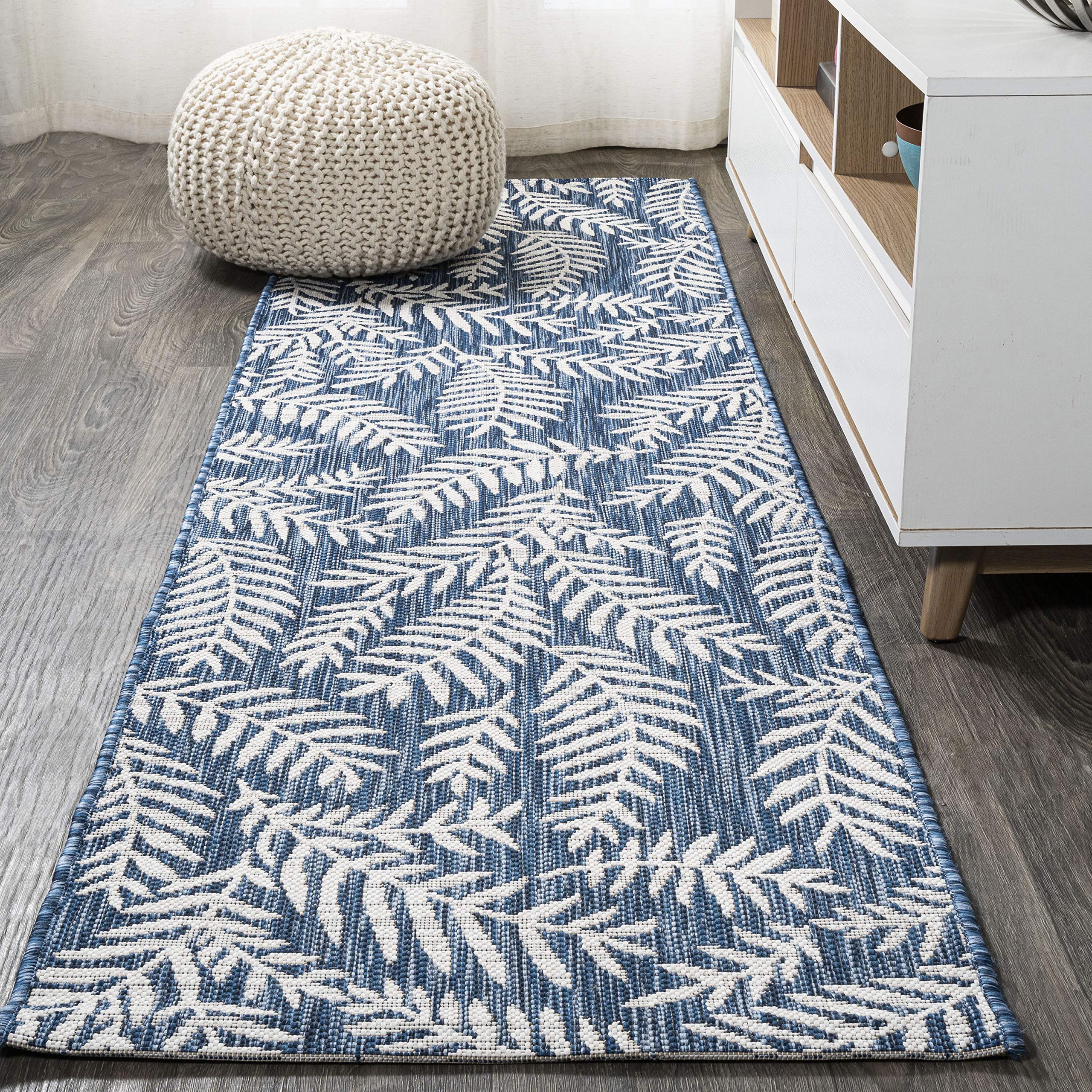 JONATHAN Y SMB119B-210 Nevis Palm Frond Indoor Outdoor Area-Rug Coastal Floral Easy-Cleaning Bedroom Kitchen Backyard Patio Non Shedding, 2 X 10, Navy/Ivory