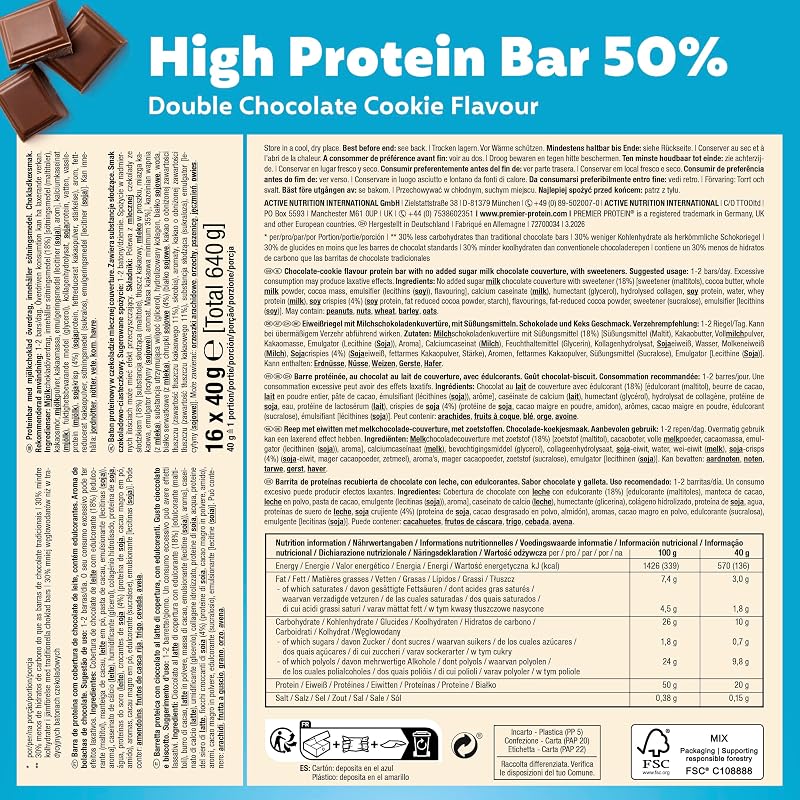High Protein Bar Double Chocolate Cookie 16x40g - High Protein Low Sugar Riegel + Palmölfrei