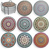 Mandala Drink Coasters with Holder - 8 Set Ceramic Boho Coaster for Drinks Absorbent with Cork Base and Black Holder - Coasters for Coffee Table Apartment Wooden Bar Mugs Glasses Cup Beer