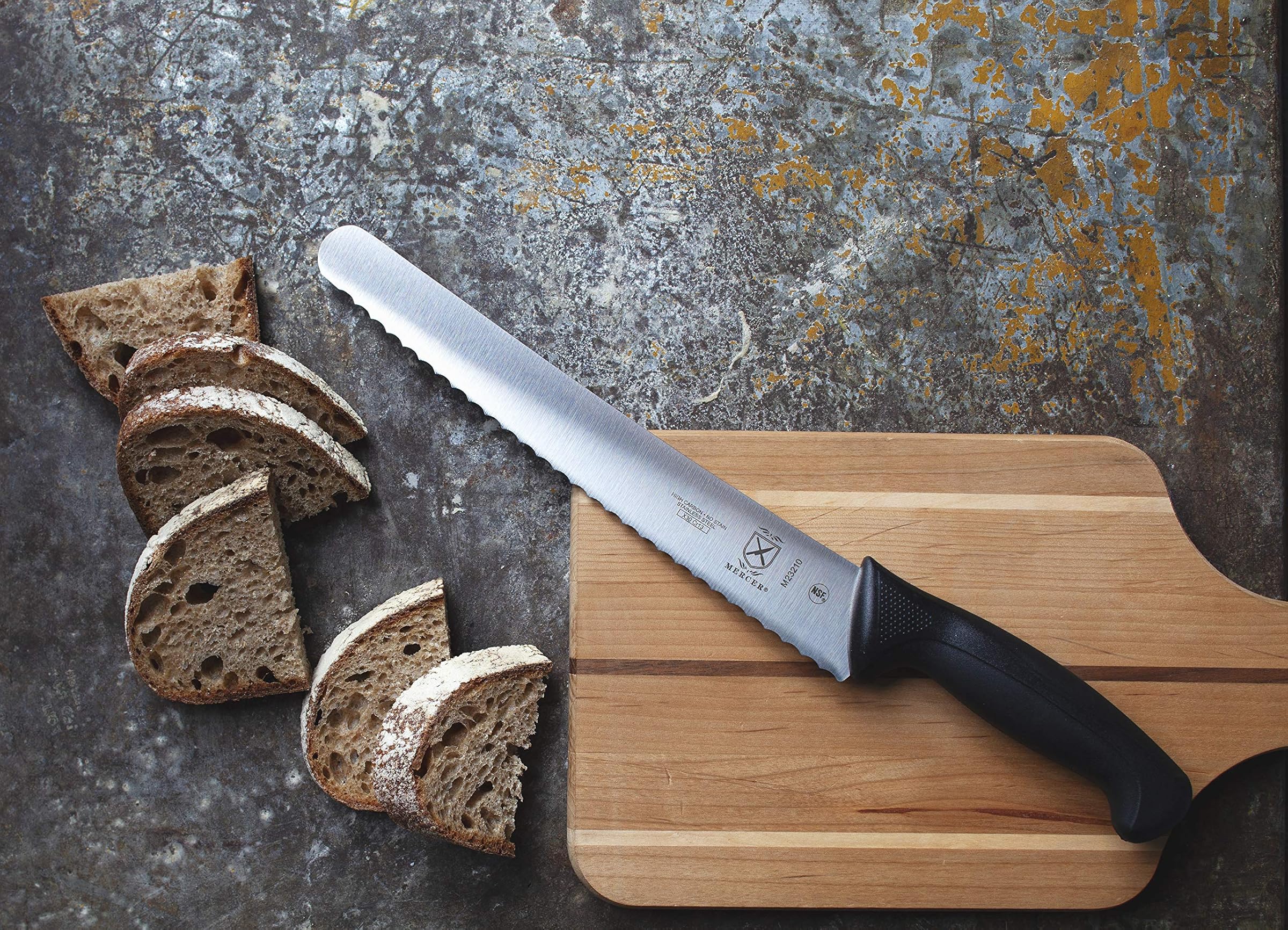 Mercer Culinary Millennia Chef Knife, 12-Inch, 10-Inch, Wide Wavy Edge Bread Knife, Black M23210