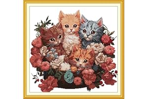 Stitchmelody Stamped Cross Stitch Kits,11CT Printed Pattern Embroidery Set,DIY Needlework Kit-Cluster of Kittens 27.9''X27.5'