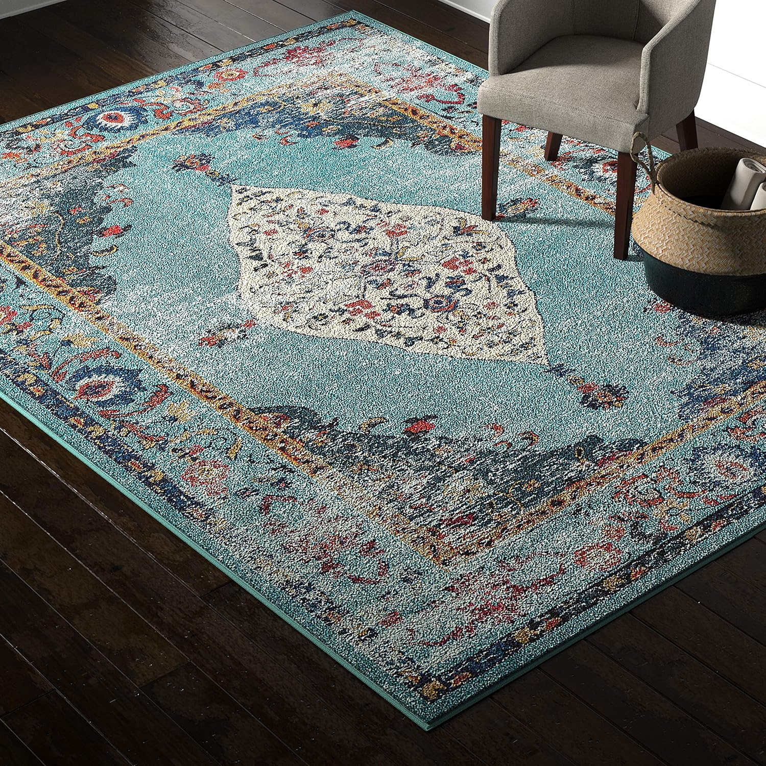 Rivet Distressed Color Medallion Rug, 7'10" x 10'10", Aqua