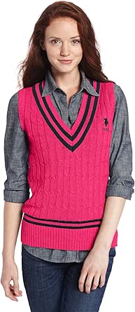 U.S. Polo Assn. Juniors Sleeveless V-Neck Cable Tip Pullover, Pink Hair, Large at Amazon Womenâs 