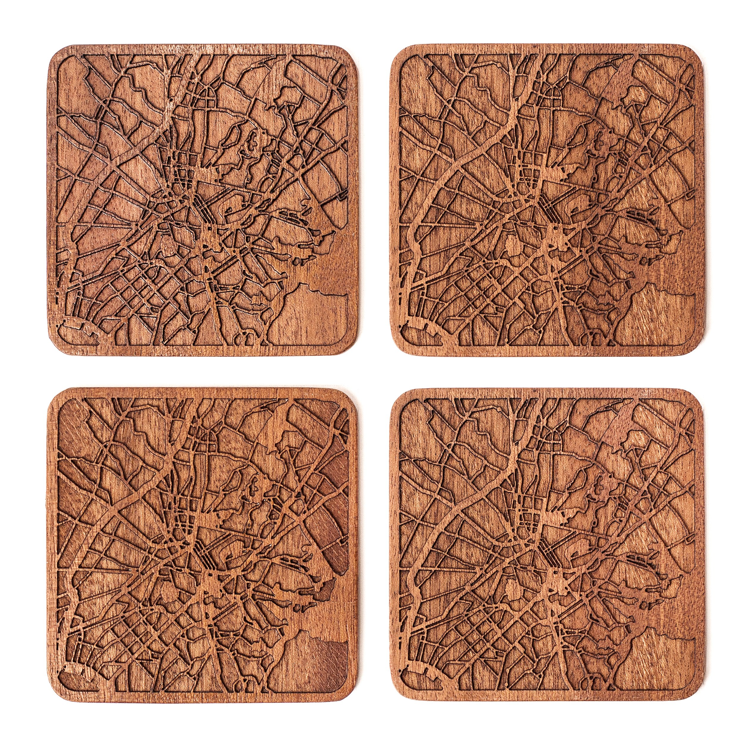 Athens Map Coaster, Set of 4, Sapele Wooden Coaster with City Map, Handmade