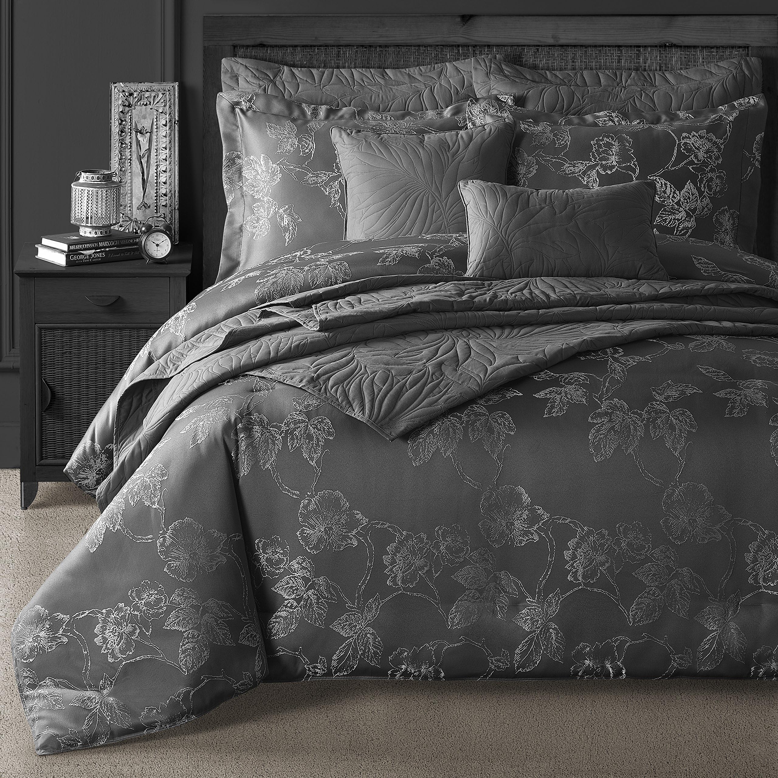 Comfy Bedding Blossom Jacquard Skin Friendly 8-piece Comforter Set (Queen 8-piece, Grey)