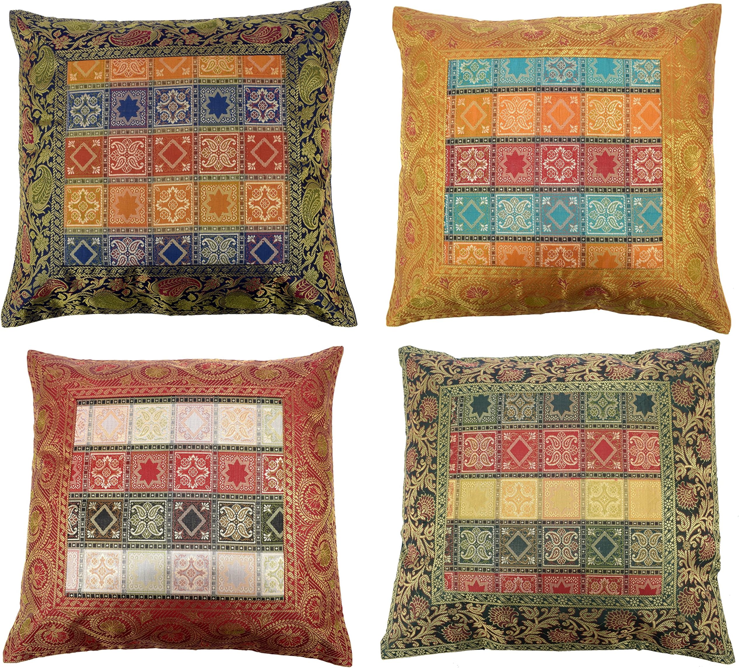 ANJANIYA 4 Banarsi Silk Beautiful Boho Cushion Cover Indian Bohemian Style Silk Throw Pillow Case Hippie Decorative Sofa Couch Cushion Cover Zippered 16x16 Inch (Style-1)