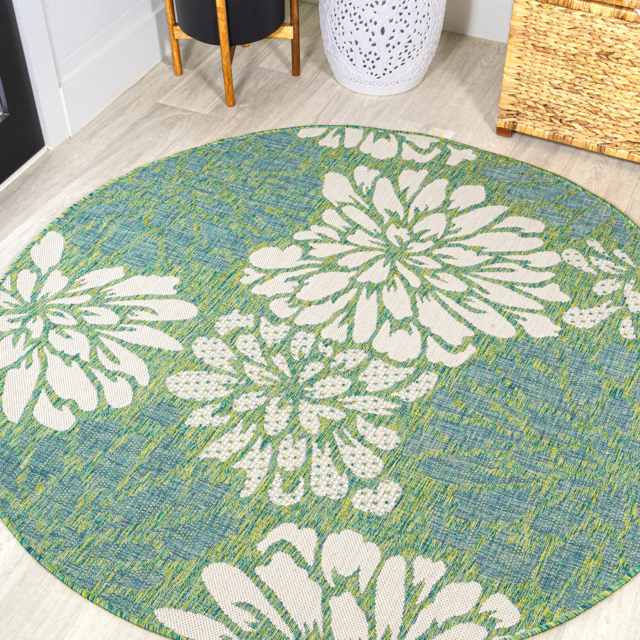JONATHAN Y Floral Textured Weave Indoor Outdoor Round Area Rug 8 Ft Cream/Green, Zinnia Modern for Backyard, Patio, Porch, Easy-Cleaning, High Traffic, Pet-Friendly, Non-Shedding (SMB110D-8R) Image