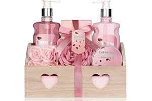 LOVESTEE Valentine's Day Spa Gift Basket - Bath and Body Cherry Rose Scent For Women - Spa Bath Kit & Bath Gift Basket Birthday Gift includes Shower Gel, Body Lotion, Bath Salt, Body Scrub, Puff