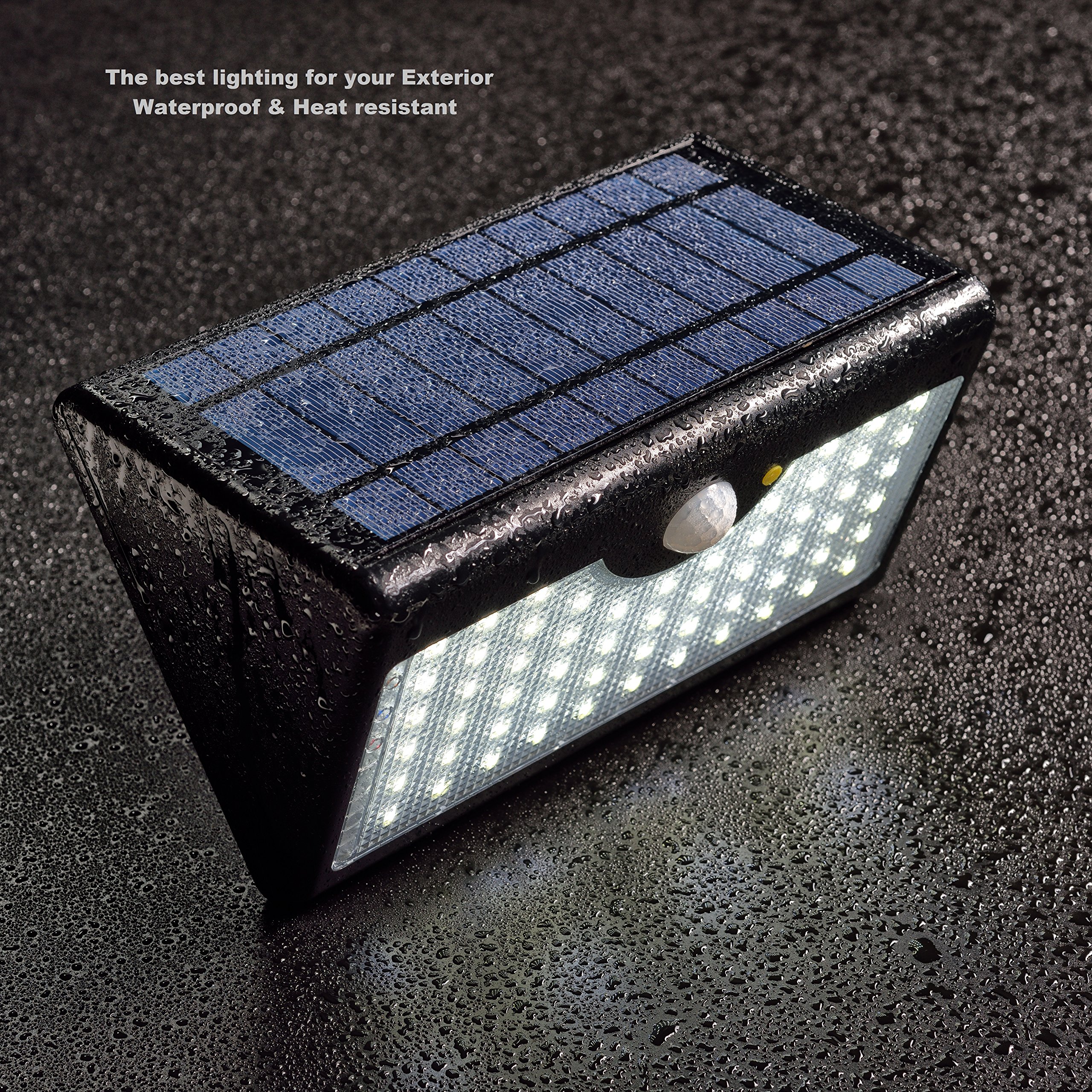 EcoSolarGLB Luz Solar LED Lampara Foco - Luces Solares 60 LEDS Iluminación 1300 lúmenes con sensor de movimiento 5 MODOS distintos control remoto y autonomía de energía hasta 12h - Uso en áreas de casa exterior jardín patio entrada escalera