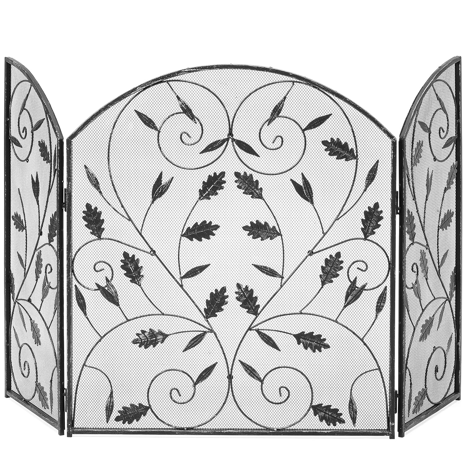 Best Choice Products 3-Panel Steel Metal Mesh Protective Fireplace Screen Decor w/Rustic Worn Finish, Scroll Leaf Decals, Black