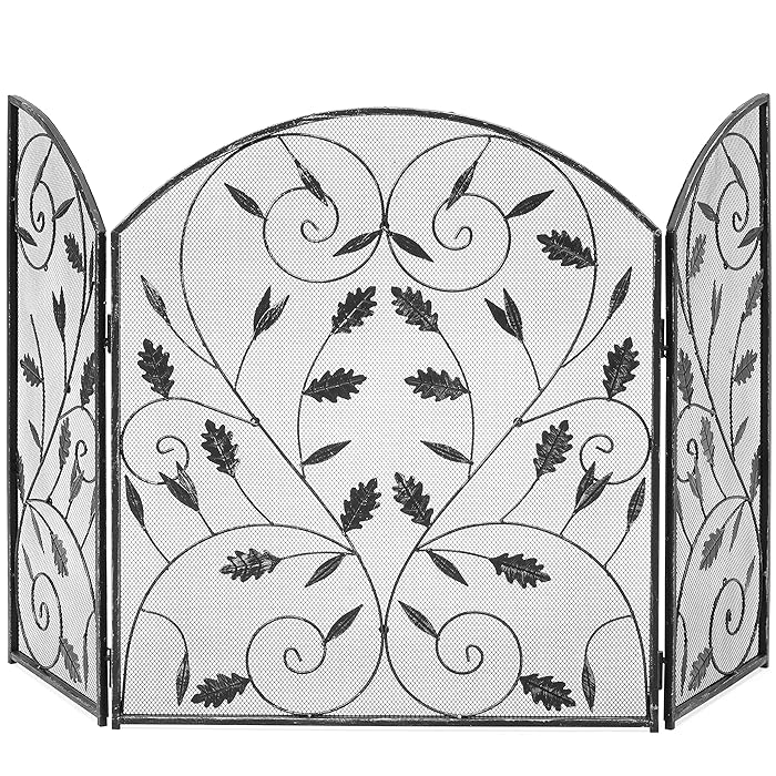 Best Choice Products 3-Panel Steel Metal Mesh Protective Fireplace Screen Decor w/Rustic Worn Finish, Scroll Leaf Decals, Black