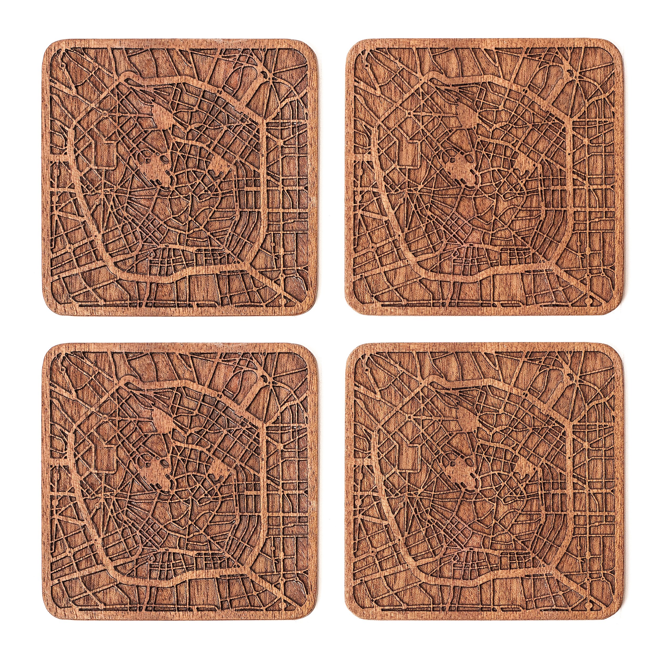 Milan Map Coaster, Set of 4, Sapele Wooden Coaster with City Map, Handmade
