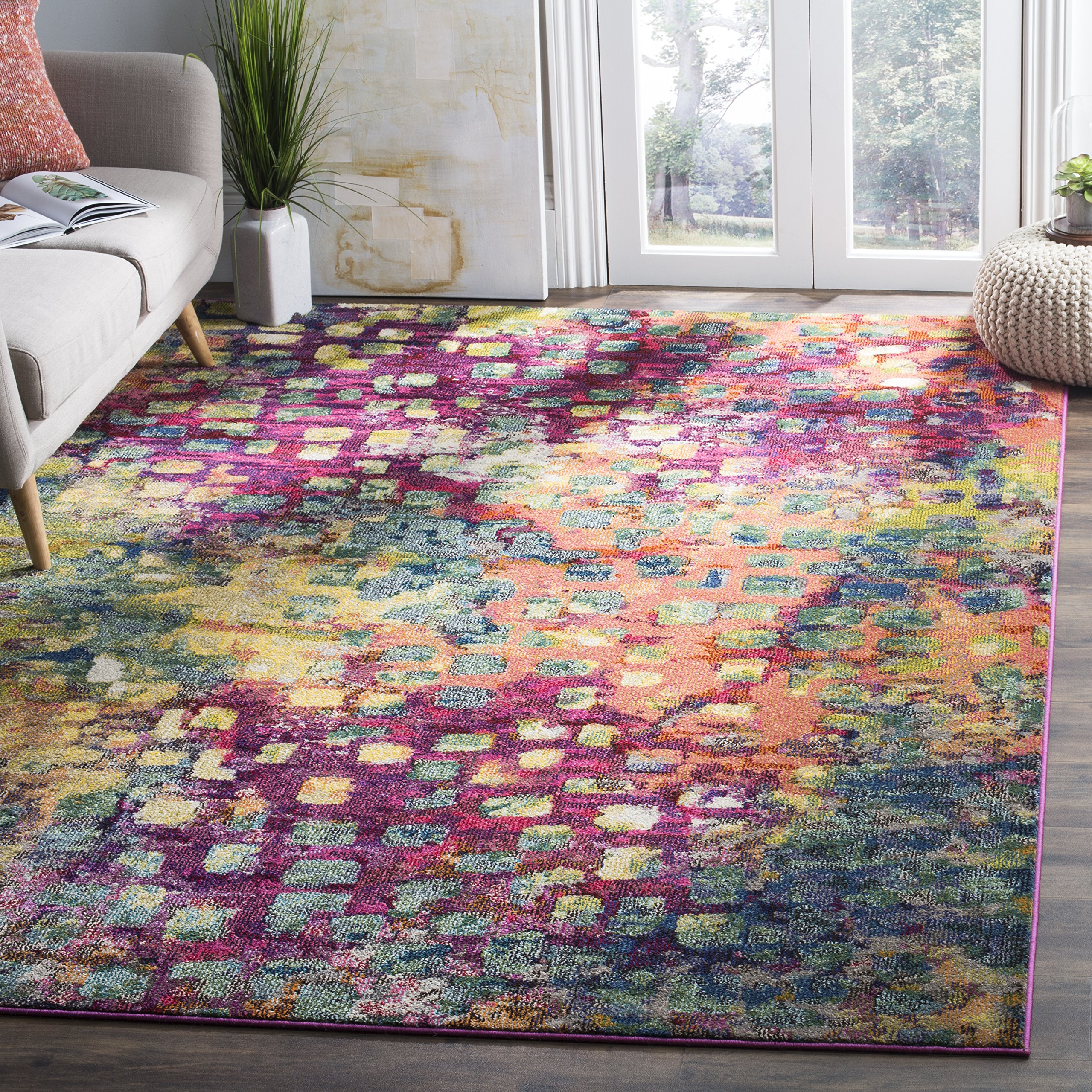 SAFAVIEH Monaco Collection Area Rug - 8'8" Square, Pink & Multi, Boho Chic Abstract Watercolor Design, Non-Shedding & Easy Care, Ideal for High Traffic Areas in Living Room, Bedroom (MNC225D) Image SAFAVIEH Monaco Collection Area Rug - 8'8" Square, Pink & Multi, Boho Chic Abstract Watercolor Design, Non-Shedding & Easy Care, Ideal for High Traffic Areas in Living Room, Bedroom (MNC225D) Image
